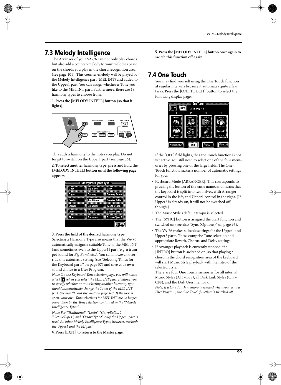 3 melody intelligence, 4 one touch | Roland V-Arranger Keyboard VA-76 User Manual | Page 97 / 264