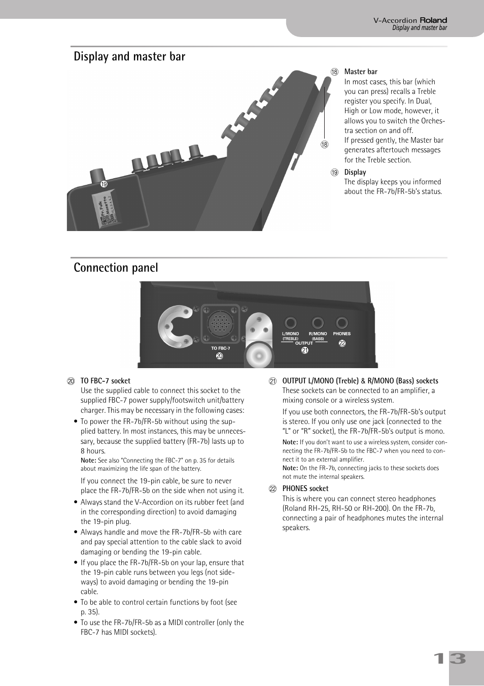 Display and master bar, Connection panel, Display and master bar connection panel | Roland FR-5b User Manual | Page 13 / 118