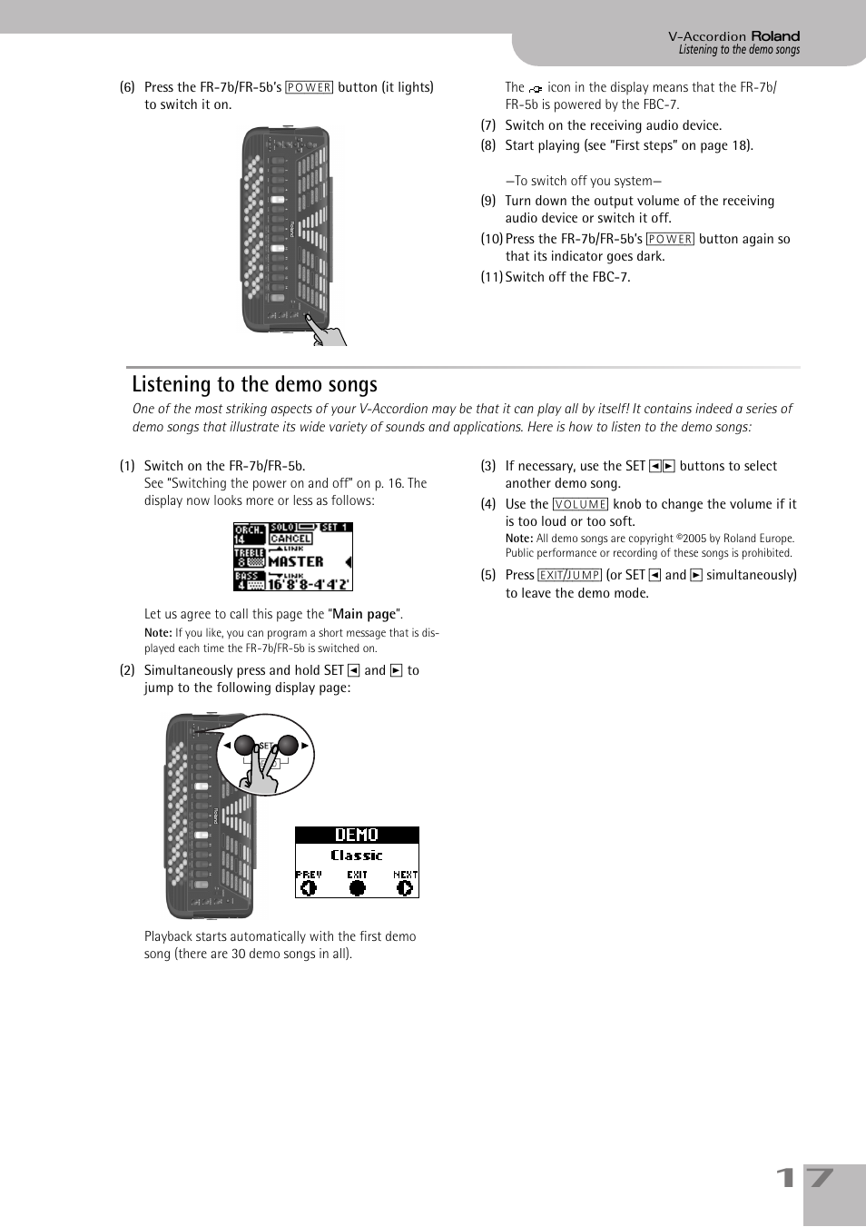 Listening to the demo songs | Roland FR-5b User Manual | Page 17 / 118