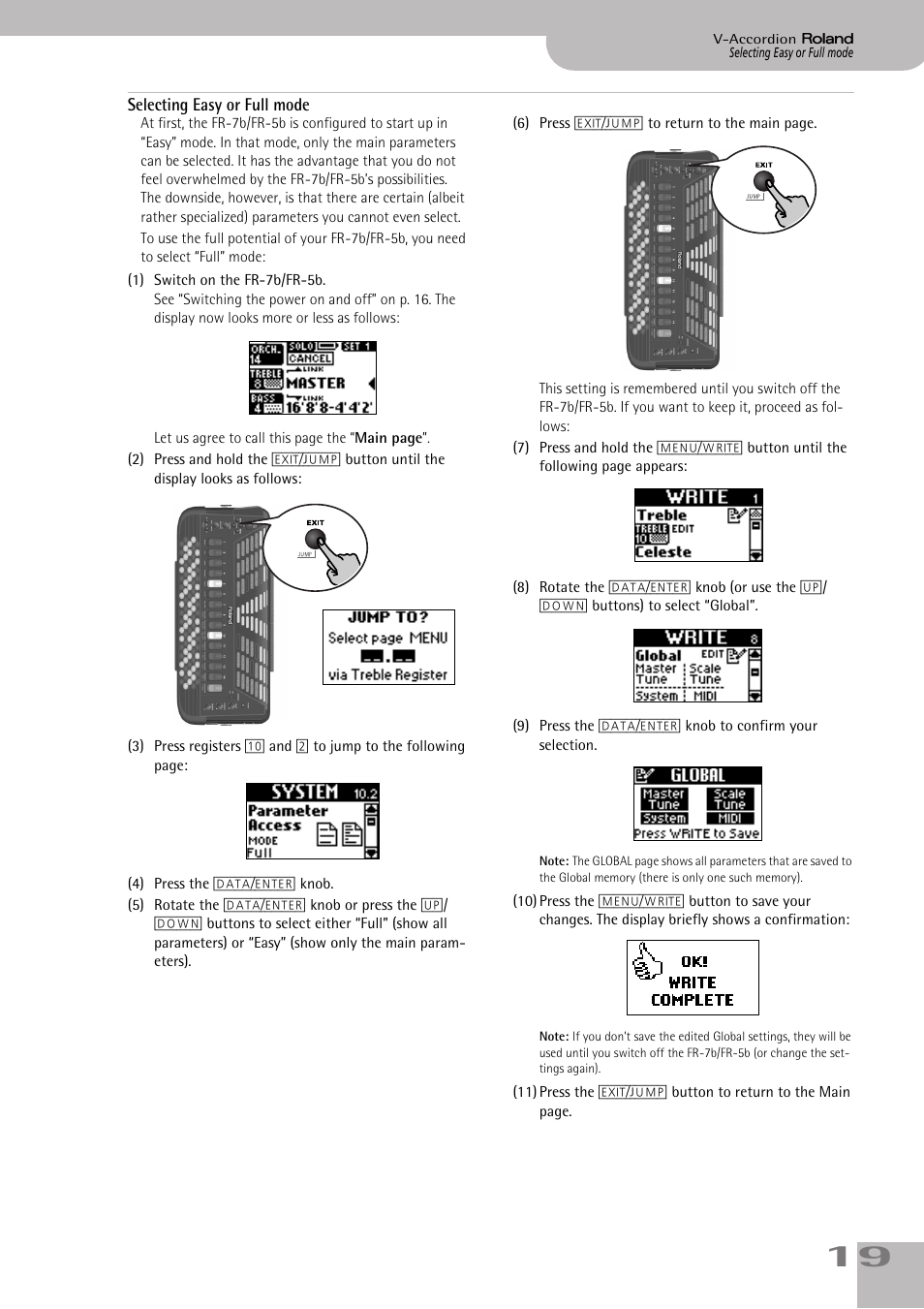 Selecting easy or full mode | Roland FR-5b User Manual | Page 19 / 118