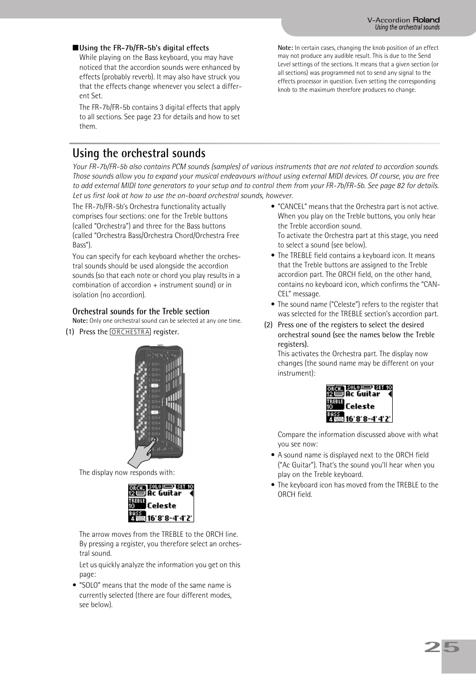 Using the orchestral sounds, Orchestral sounds for the treble section | Roland FR-5b User Manual | Page 25 / 118