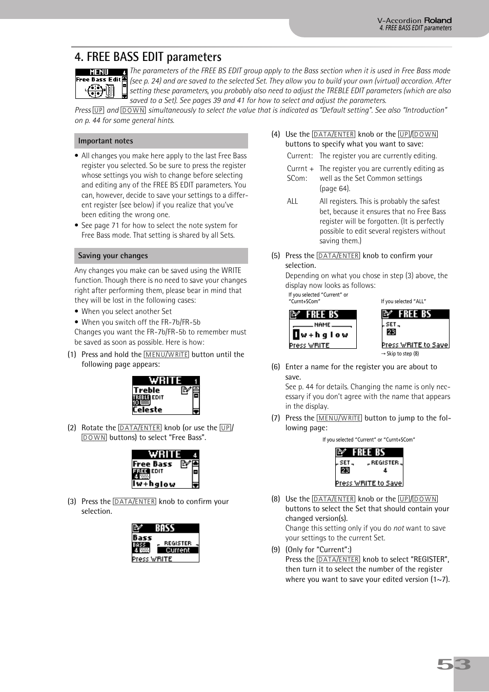 free bass edit parameters, Free bass edit parameters | Roland FR-5b User Manual | Page 53 / 118