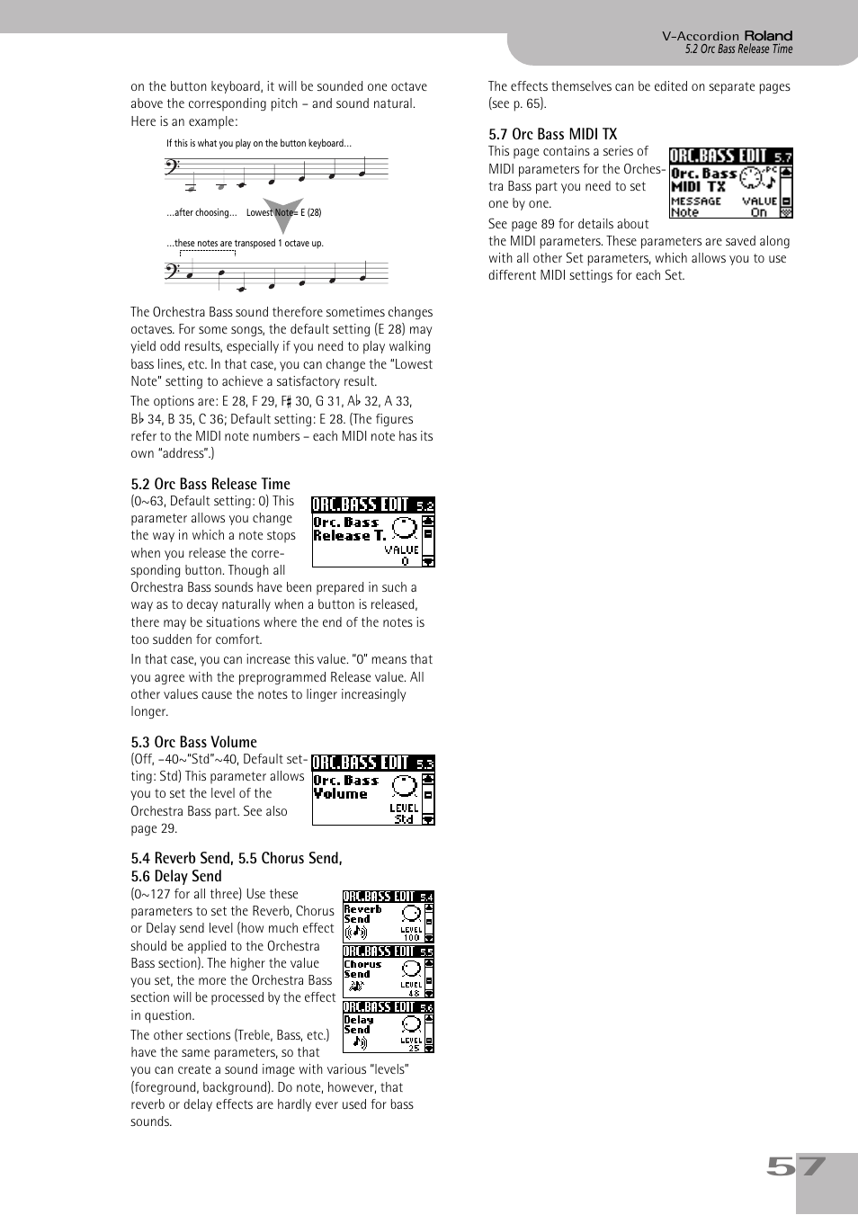 2orc bass release time, 3orc bass volume, 4reverb send, 5.5chorus send, 5.6delaysend | 7orc bass midi tx, P. 57 | Roland FR-5b User Manual | Page 57 / 118