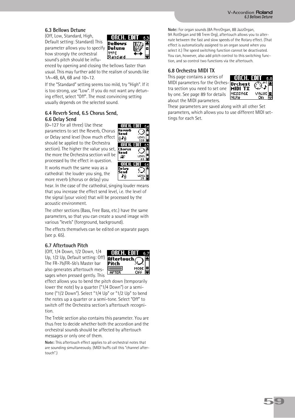 3bellows detune, 4reverb send, 6.5chorus send, 6.6delaysend, 7aftertouch pitch | 8orchestra midi tx, P. 59 | Roland FR-5b User Manual | Page 59 / 118