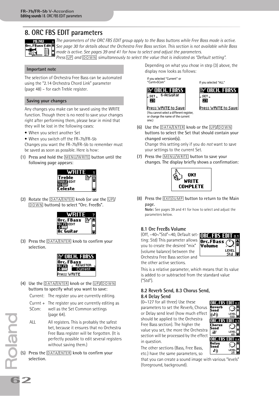 orc fbs edit parameters, 1orc freebs volume, 2reverb send, 8.3chorus send, 8.4delaysend | Orc fbs edit parameters, P. 62 | Roland FR-5b User Manual | Page 62 / 118