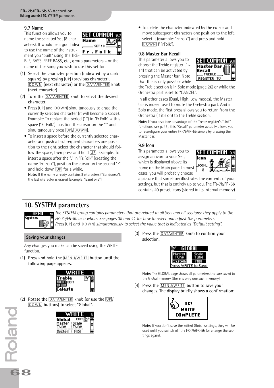 7name, 8master bar recall, 9icon | system parameters, System parameters, P. 68 | Roland FR-5b User Manual | Page 68 / 118