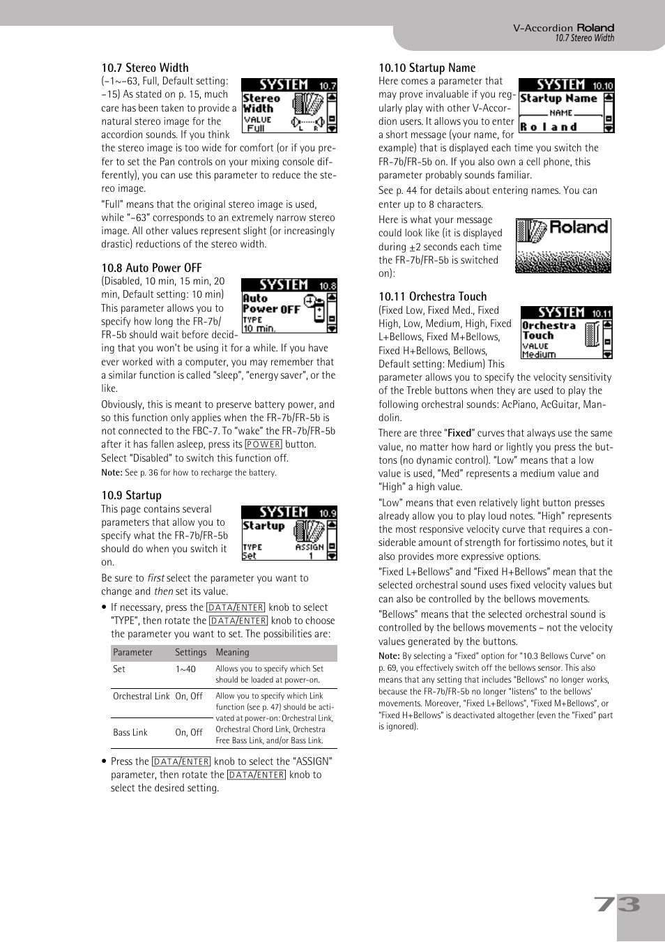 7stereo width, 8auto power off, 9startup | 10startup name, 11orchestra touch, See p. 73), 8 auto power off” on p. 73, P. 73, 9 startup” on p. 73, 11 orchestra touch | Roland FR-5b User Manual | Page 73 / 118