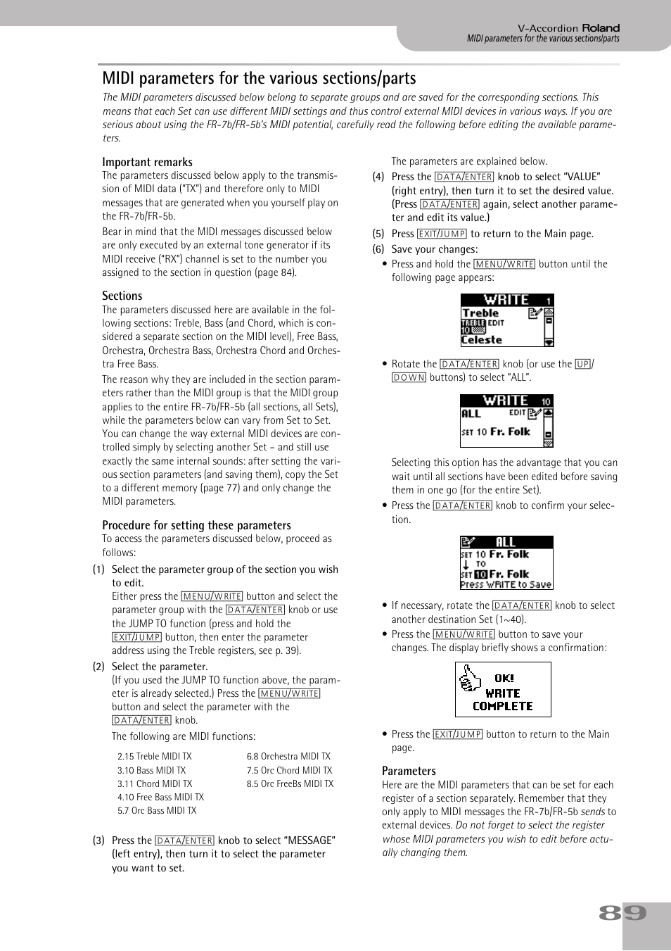 Midi parameters for the various sections/parts, Important remarks, Sections | Procedure for setting these parameters, Parameters | Roland FR-5b User Manual | Page 89 / 118