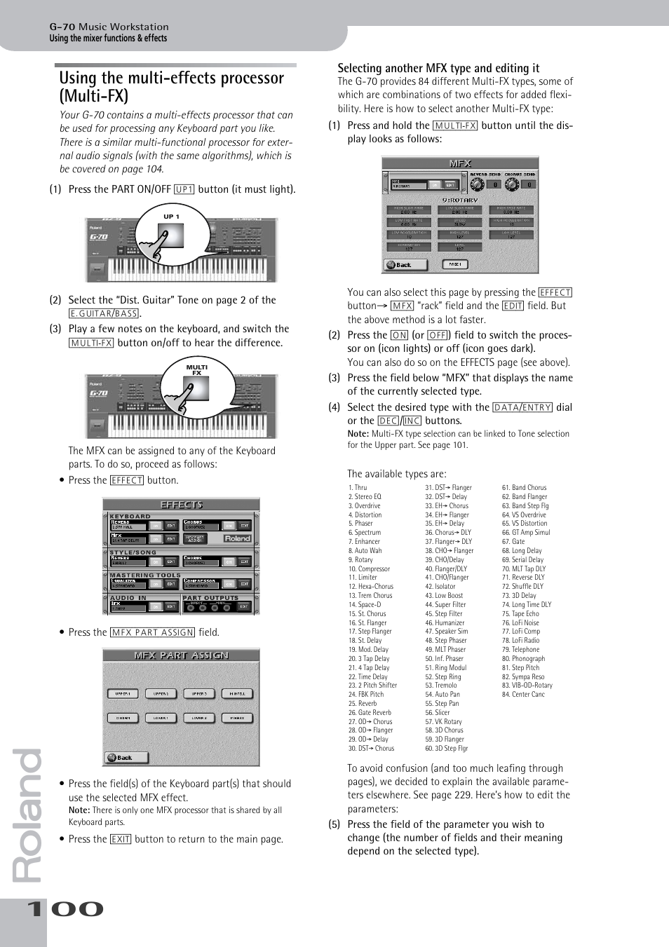 Using the multi-effects processor (multi-fx), Selecting another mfx type and editing it | Roland G-70 User Manual | Page 100 / 260