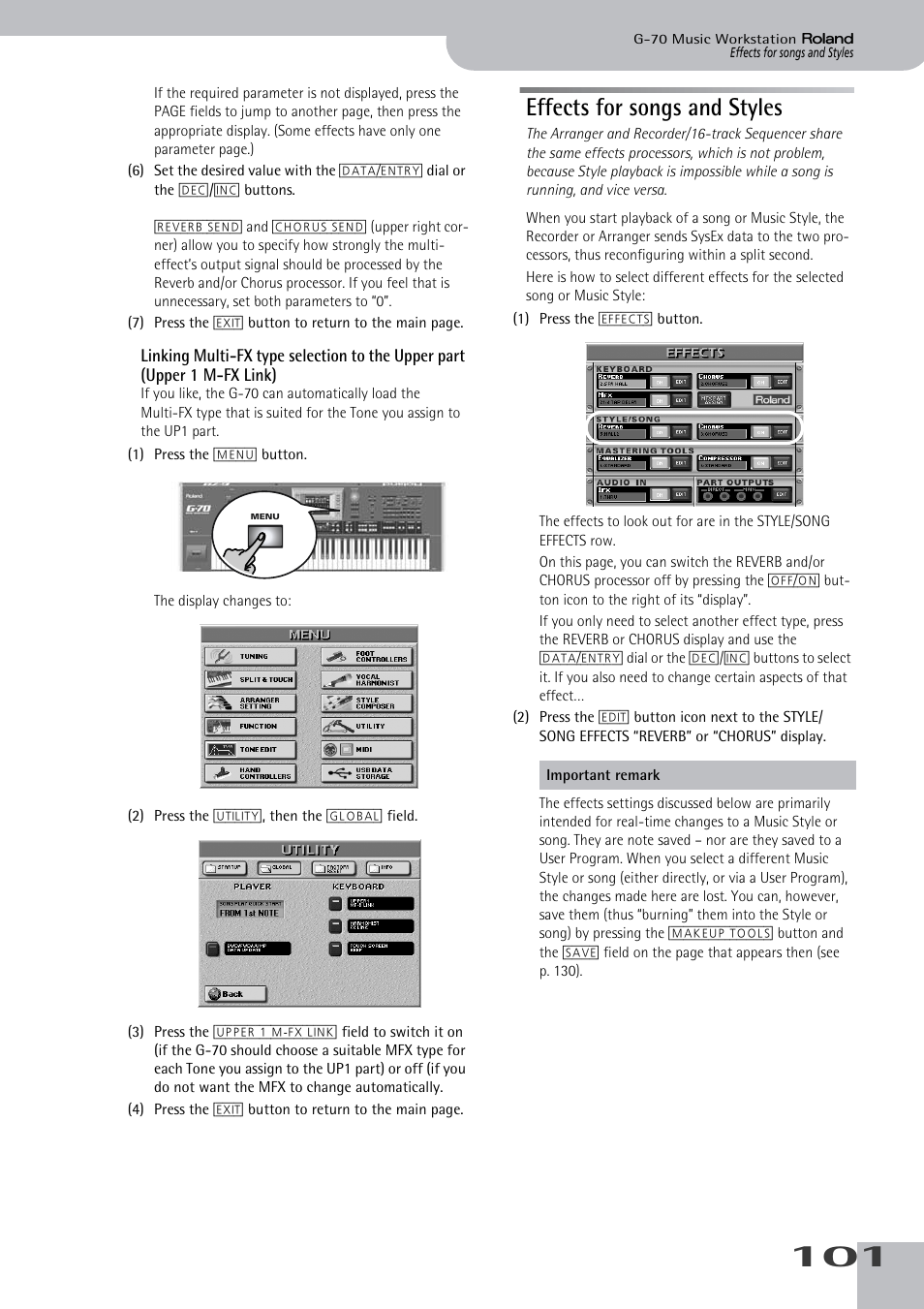 Effects for songs and styles, Linking multi-fx type selection to the upper part, Upper 1 m-fx link) | Roland G-70 User Manual | Page 101 / 260