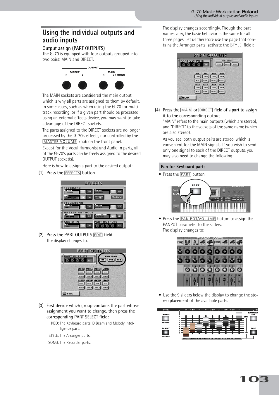 Using the individual outputs and audio inputs, Output assign (part outputs) | Roland G-70 User Manual | Page 103 / 260