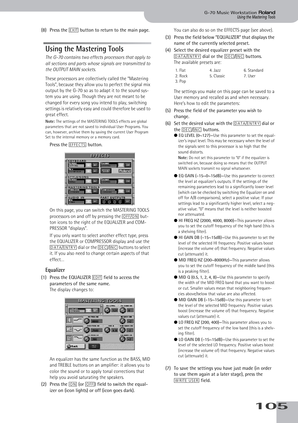 Using the mastering tools, Equalizer | Roland G-70 User Manual | Page 105 / 260