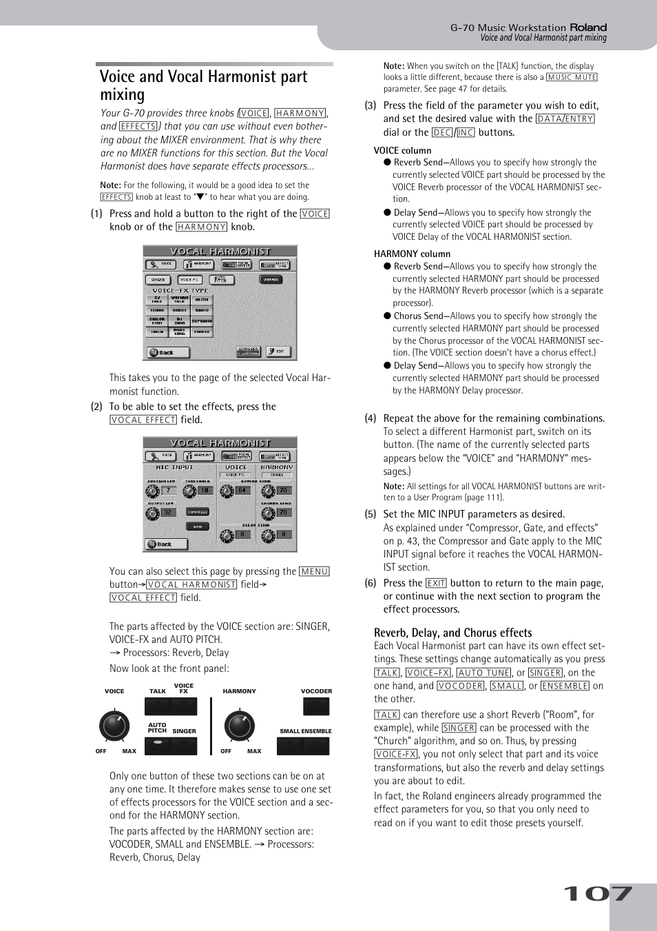 Voice and vocal harmonist part mixing, Reverb, delay, and chorus effects | Roland G-70 User Manual | Page 107 / 260