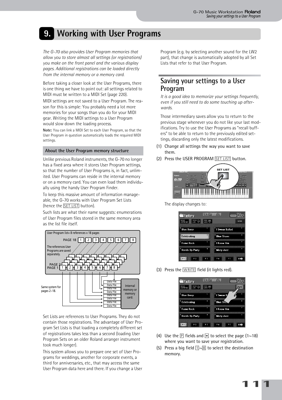 Working with user programs, Saving your settings to a user program, Saving your settings to a user program | Recalled at a later stage. see p. 111, See p. 111), 111 9. working with user programs | Roland G-70 User Manual | Page 111 / 260