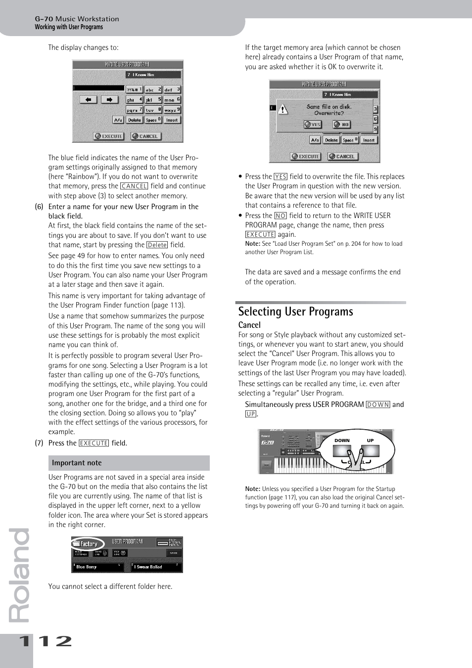 Selecting user programs, Cancel | Roland G-70 User Manual | Page 112 / 260