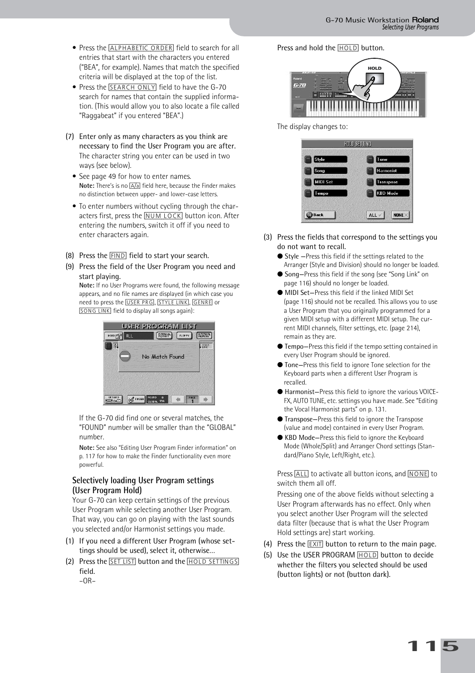 Selectively loading user program settings, User program hold) | Roland G-70 User Manual | Page 115 / 260