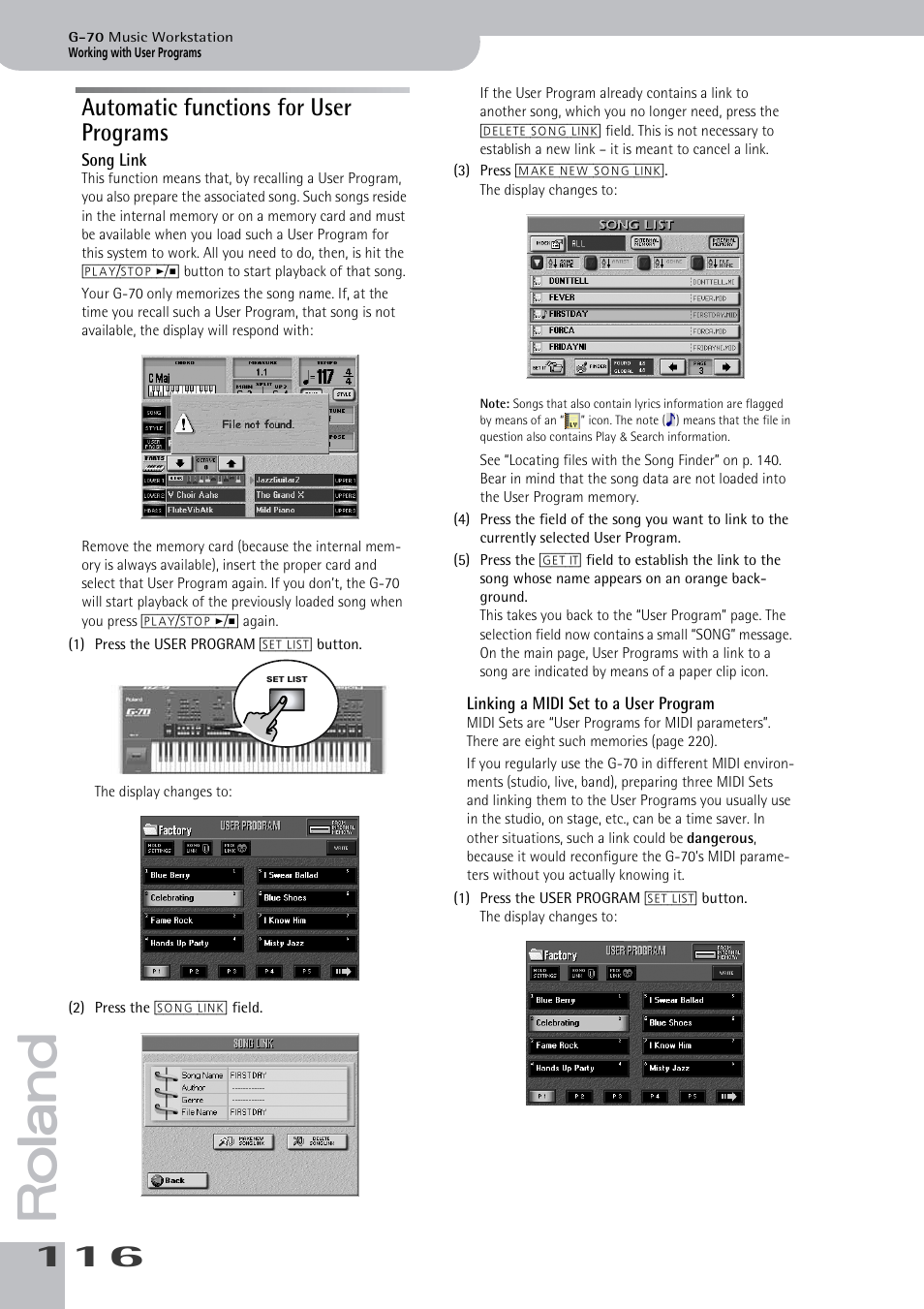 Automatic functions for user programs, Automatic functions for user programs, Song link linking a midi set to a user program | Press this field if the song (see “song link” on | Roland G-70 User Manual | Page 116 / 260