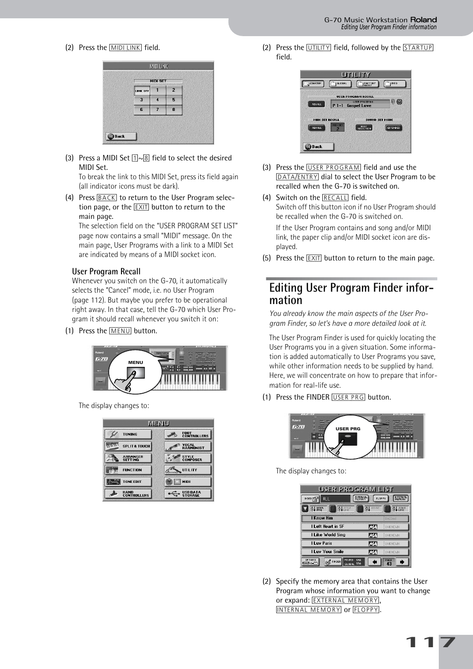 Editing user program finder information, User program recall, Editing user program finder infor- mation | Roland G-70 User Manual | Page 117 / 260