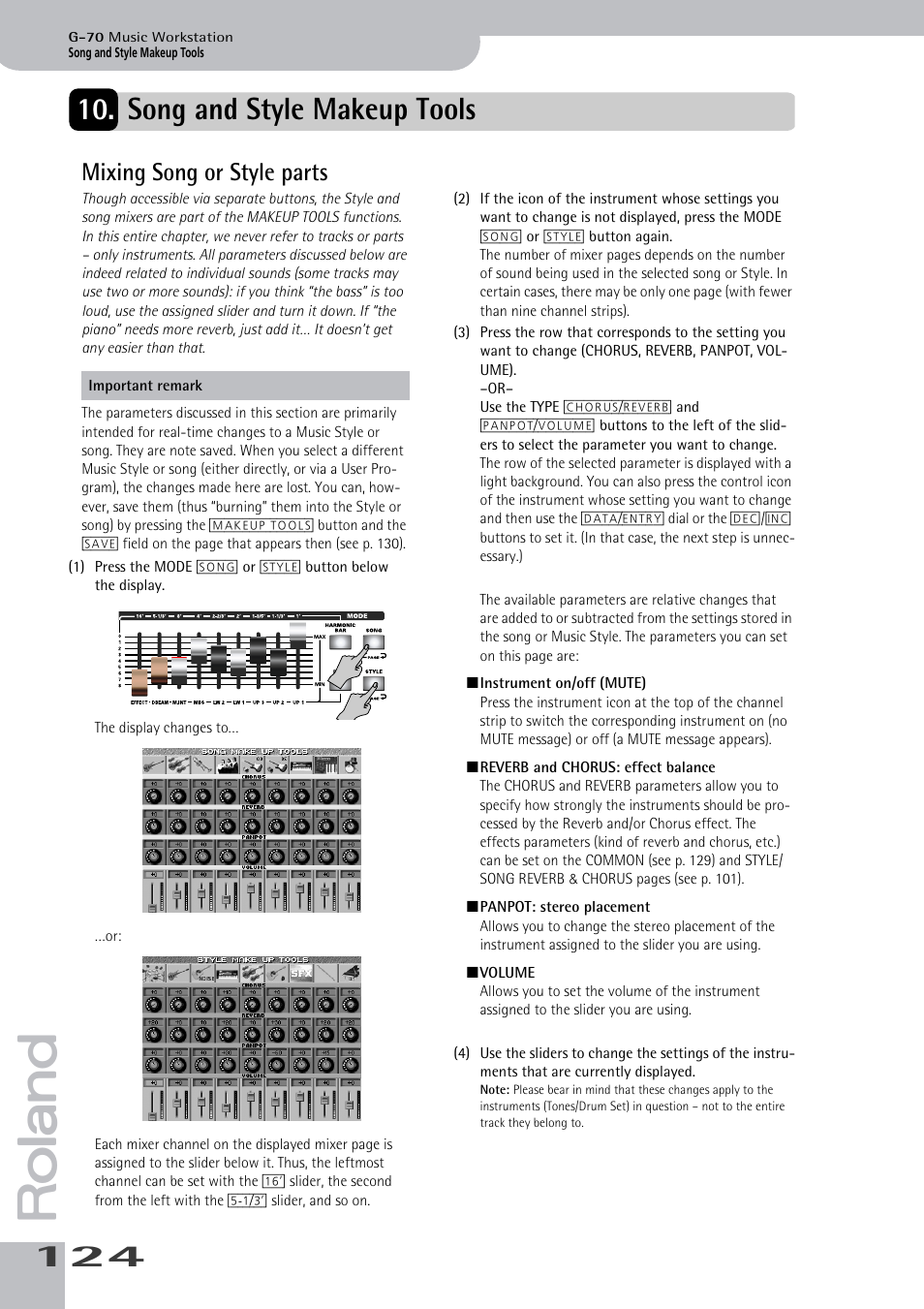 Song and style makeup tools, Mixing song or style parts, See p. 124) | Detailed mixing functions (see p. 124) | Roland G-70 User Manual | Page 124 / 260