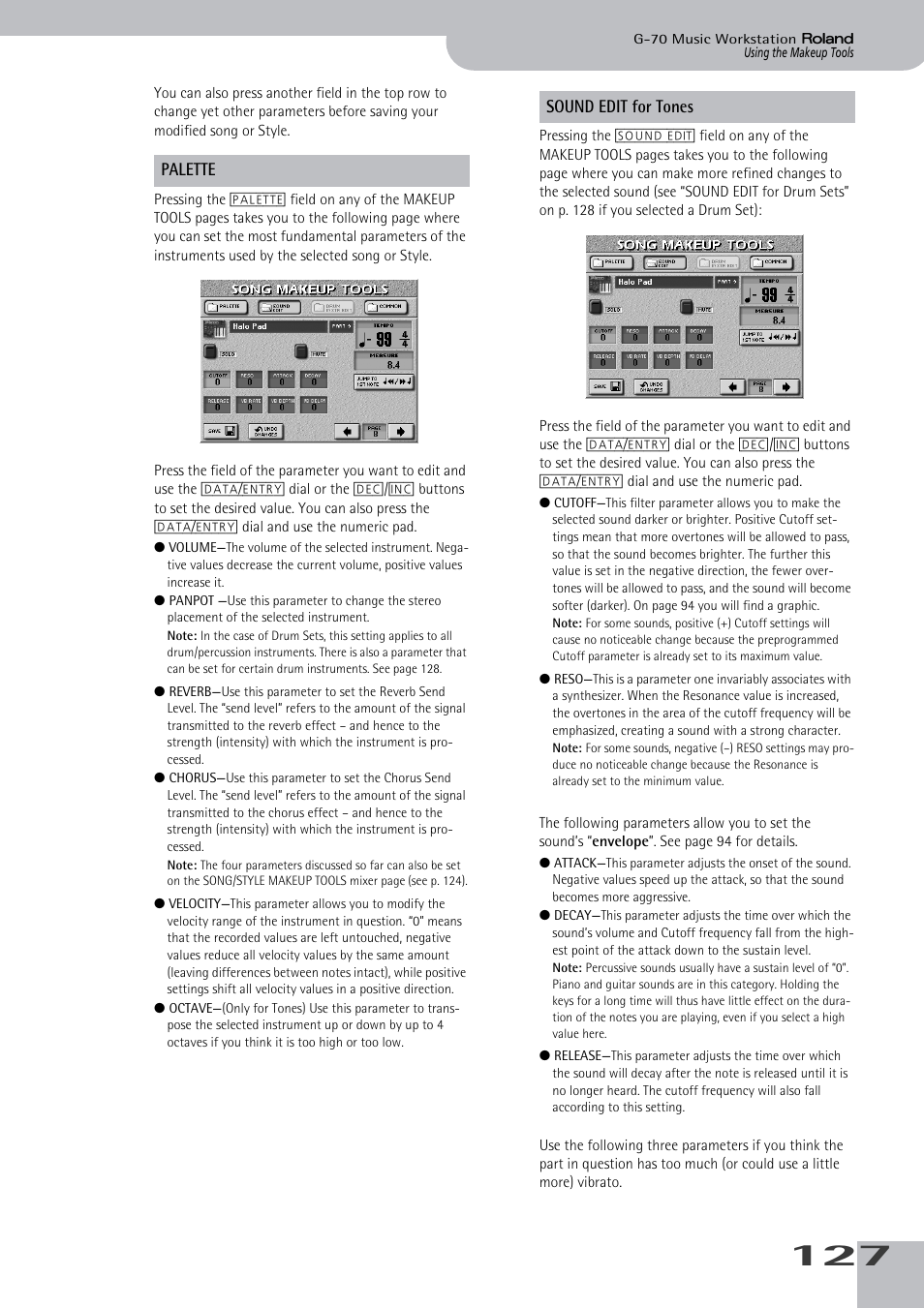 Palette sound edit for tones | Roland G-70 User Manual | Page 127 / 260
