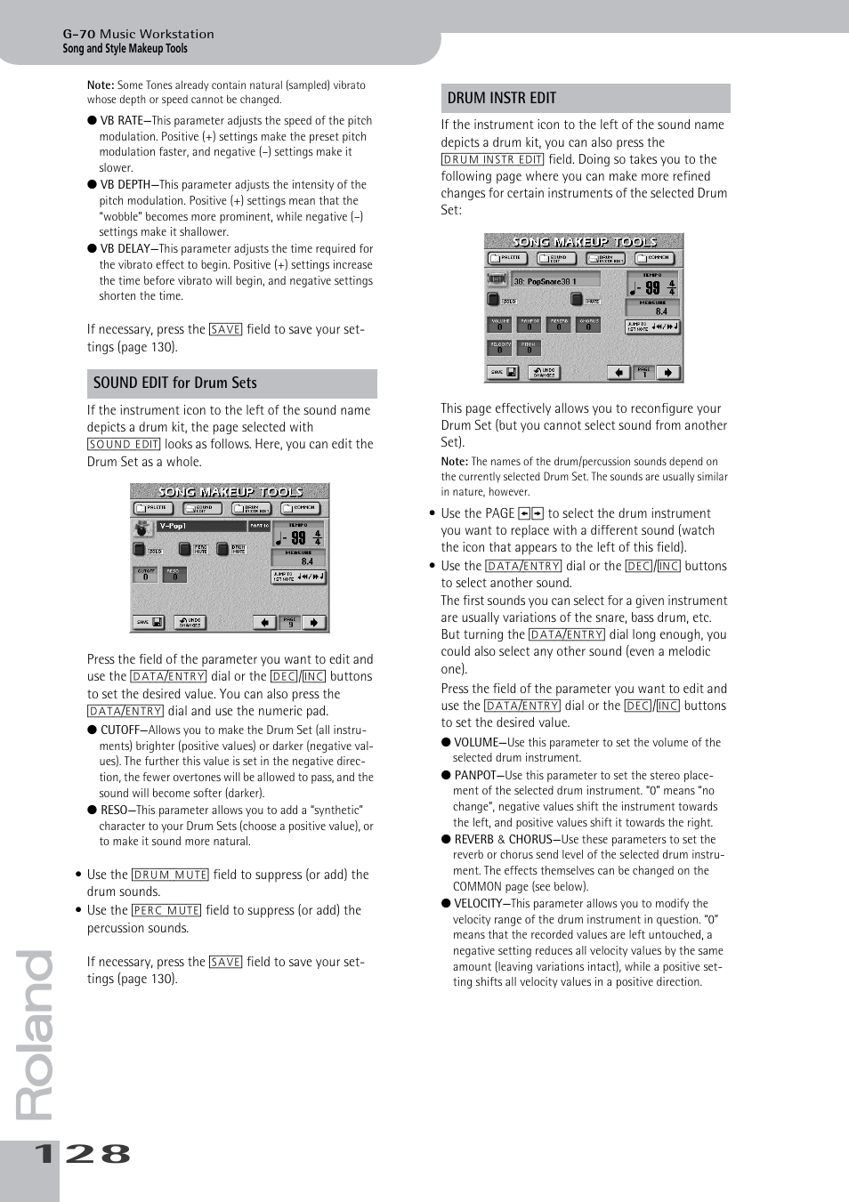 Sound edit for drum sets drum instr edit | Roland G-70 User Manual | Page 128 / 260