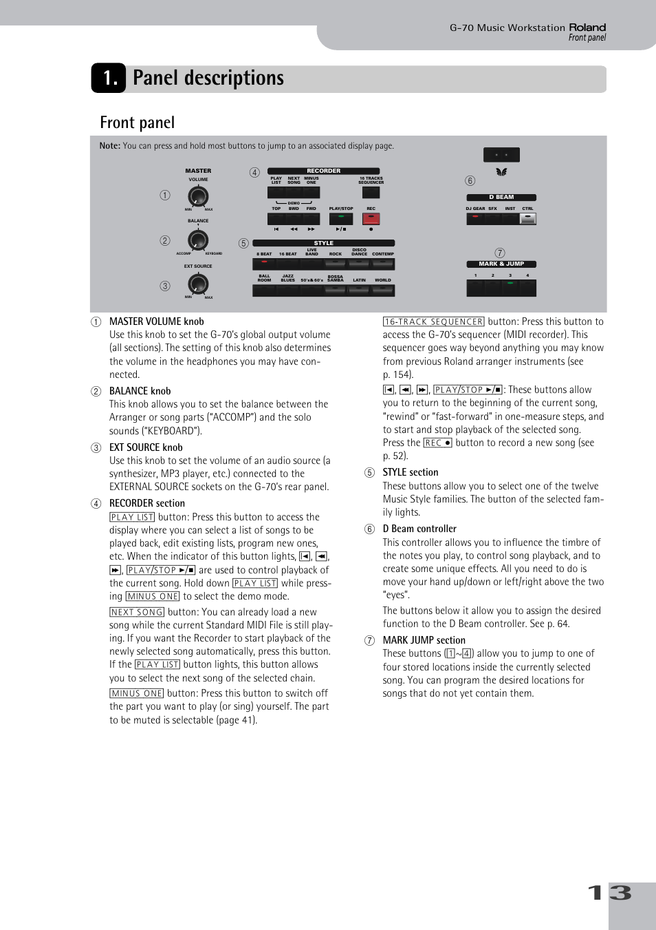 Panel descriptions, Front panel, 13 1. panel descriptions | Front panel g-70 music workstation | Roland G-70 User Manual | Page 13 / 260