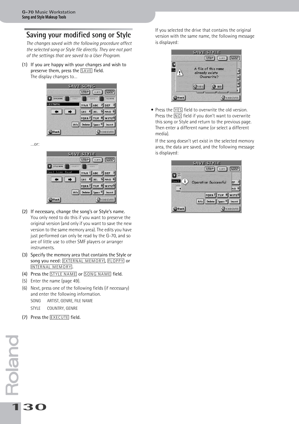 Saving your modified song or style | Roland G-70 User Manual | Page 130 / 260
