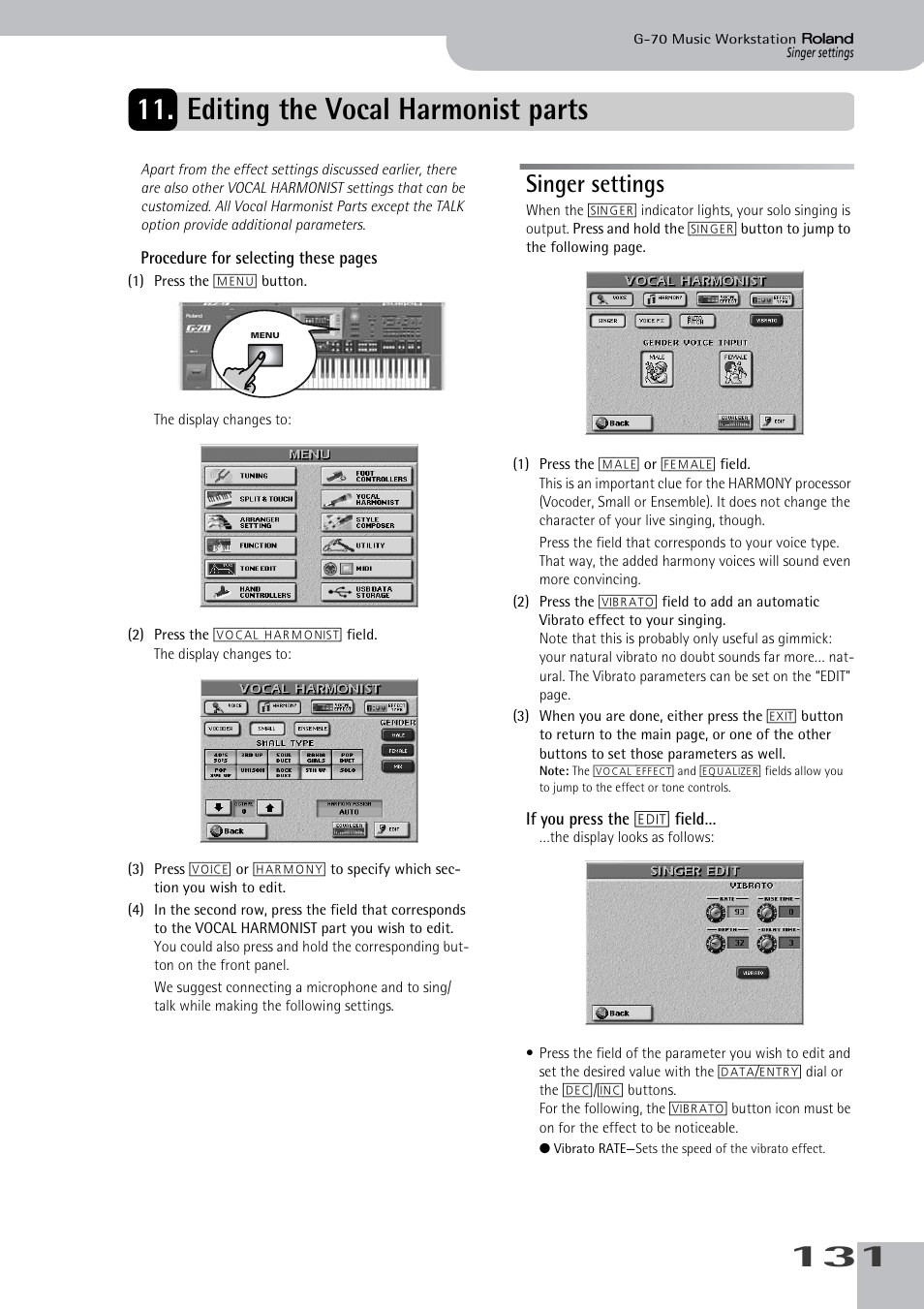 Editing the vocal harmonist parts, Singer settings, See “editing the vocal harmonist parts” on p. 131 | Roland G-70 User Manual | Page 131 / 260