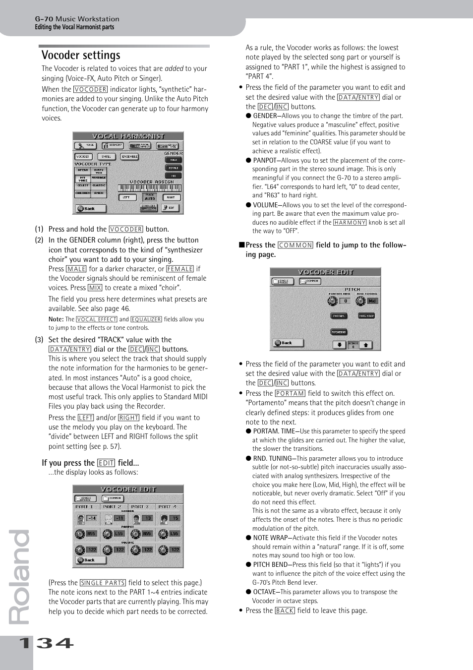 Vocoder settings | Roland G-70 User Manual | Page 134 / 260