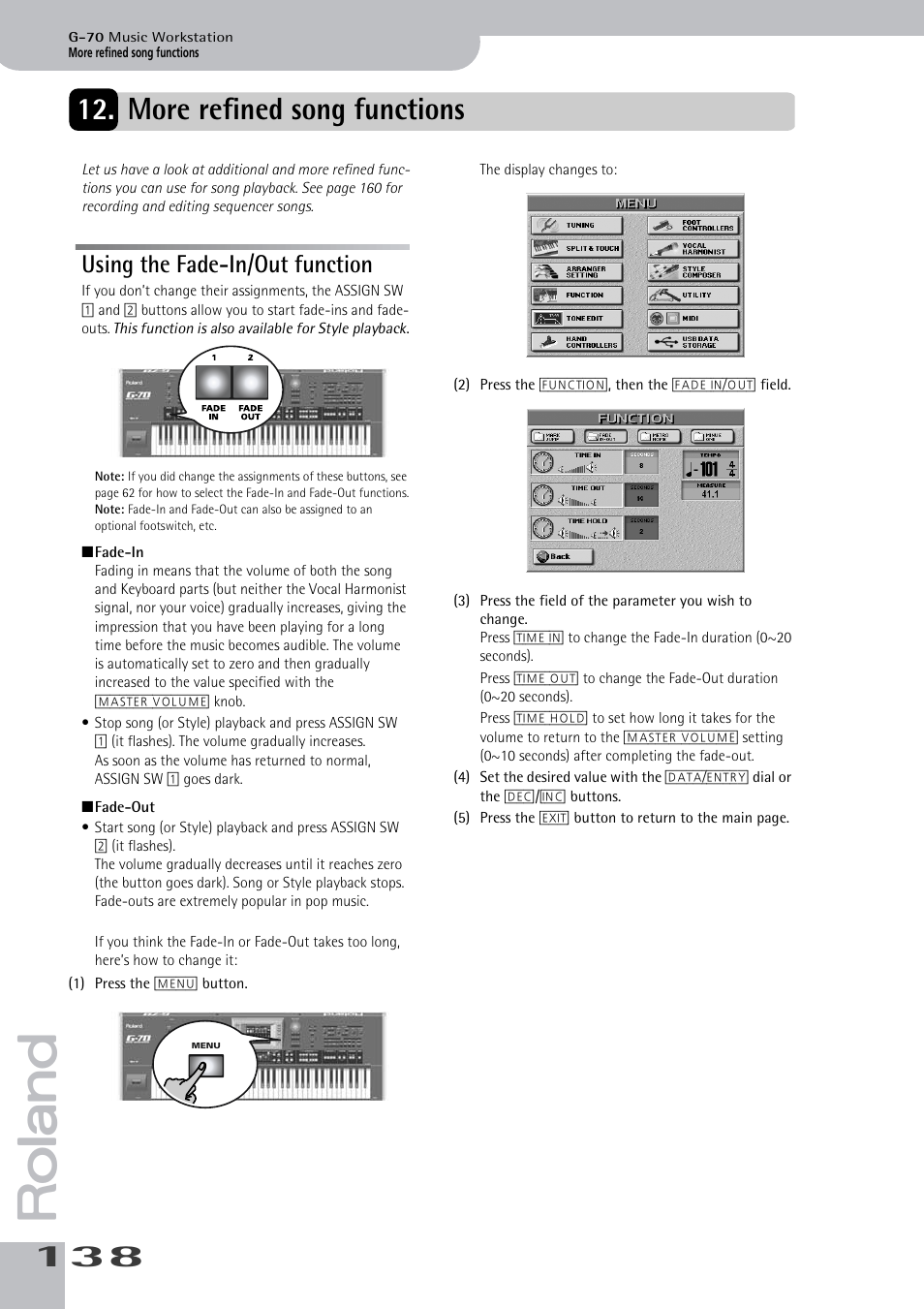 More refined song functions, Using the fade-in/out function | Roland G-70 User Manual | Page 138 / 260