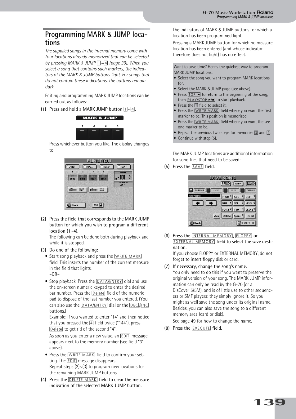 Programming mark & jump locations, Programming mark & jump loca- tions | Roland G-70 User Manual | Page 139 / 260