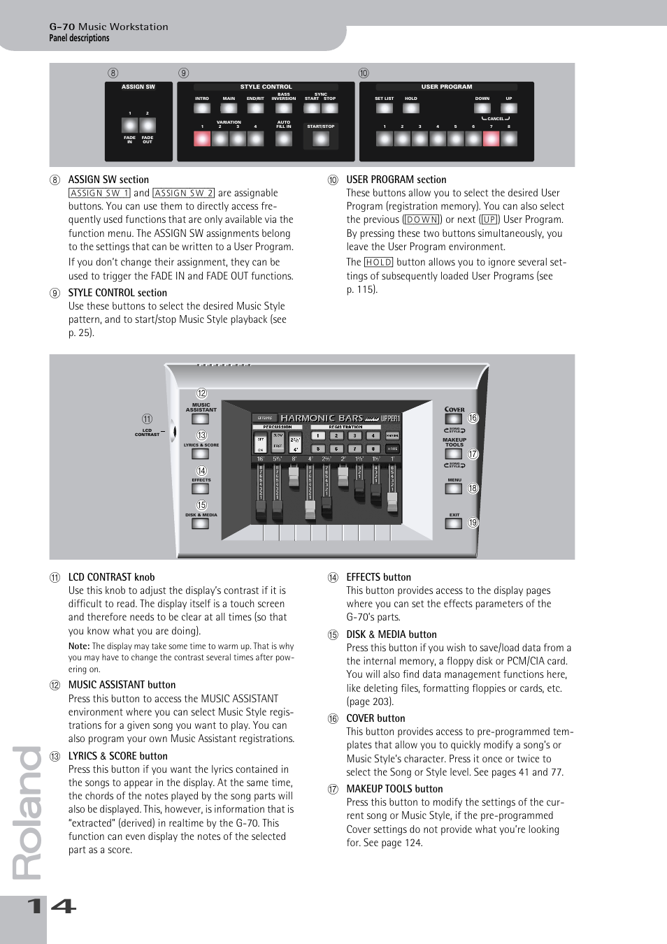 Panel descriptions, G-70 music workstation | Roland G-70 User Manual | Page 14 / 260