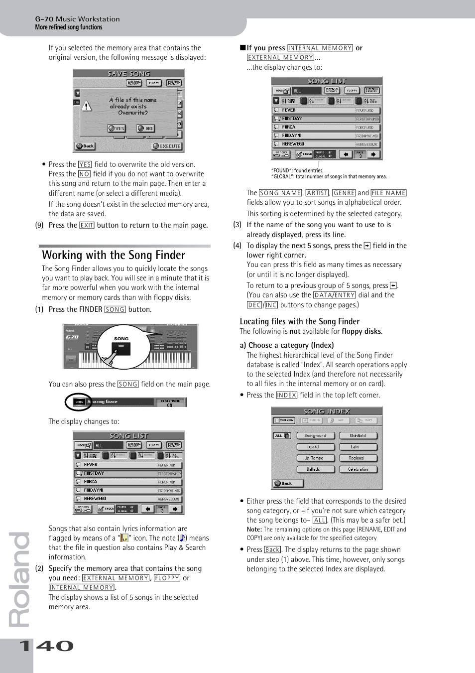 Working with the song finder, Locating files with the song finder | Roland G-70 User Manual | Page 140 / 260