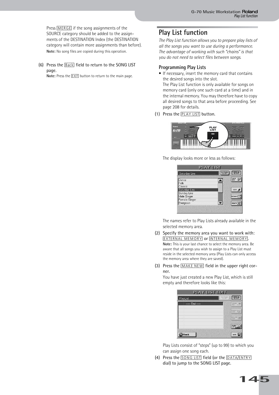 Play list function, Programming play lists | Roland G-70 User Manual | Page 145 / 260