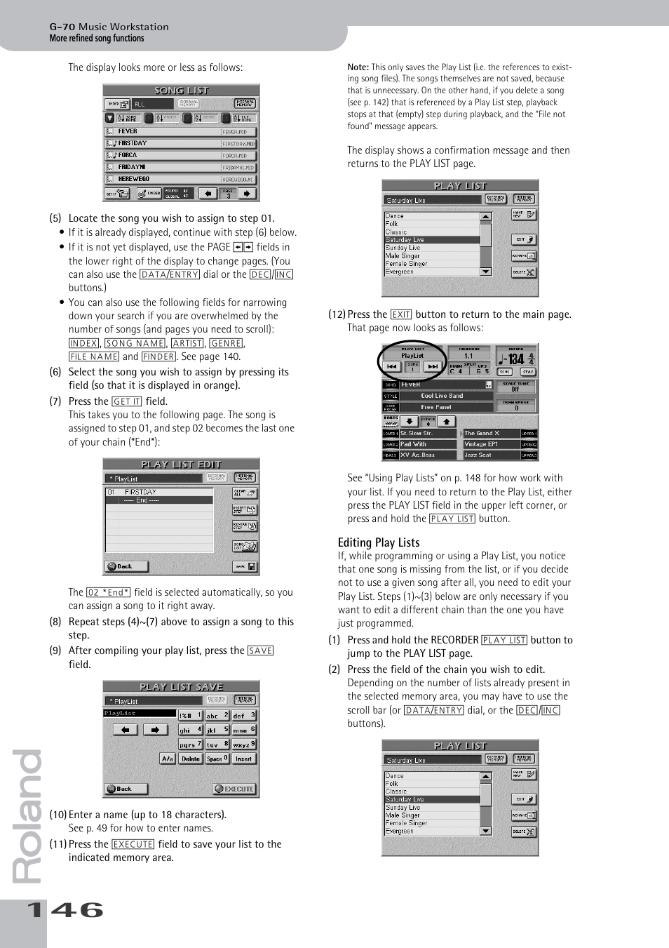 Editing play lists | Roland G-70 User Manual | Page 146 / 260