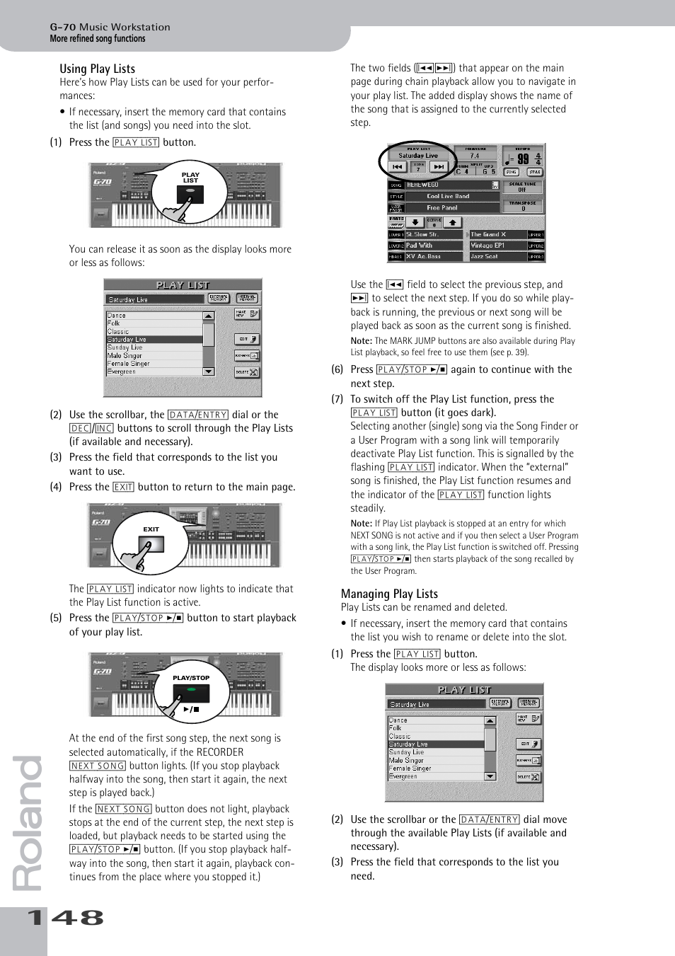 Using play lists managing play lists, See “using play lists” on p. 148 for how work with | Roland G-70 User Manual | Page 148 / 260