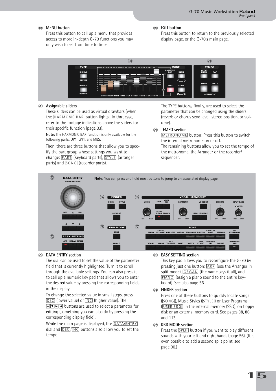 Front panel g-70 music workstation | Roland G-70 User Manual | Page 15 / 260