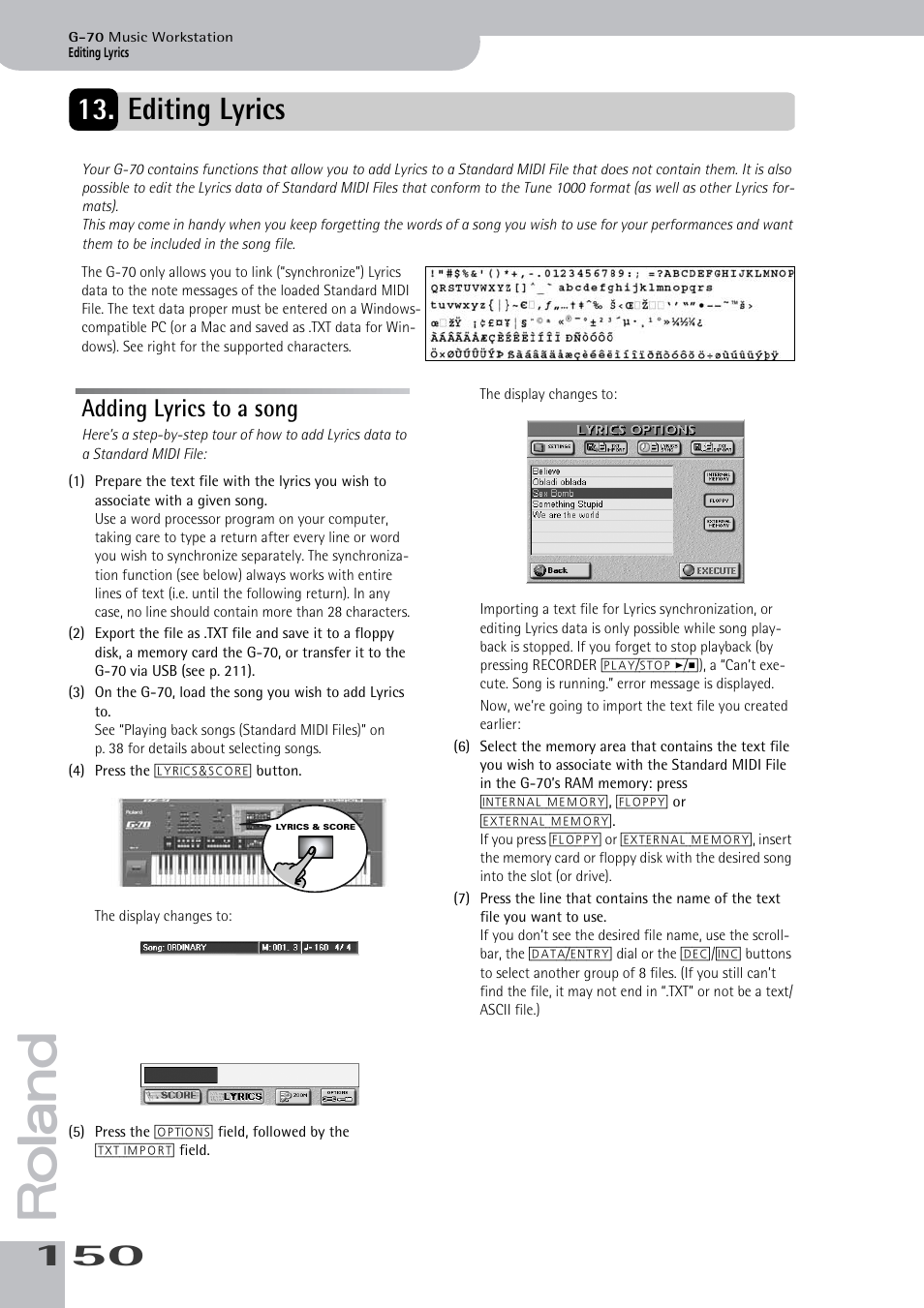 Editing lyrics, Adding lyrics to a song | Roland G-70 User Manual | Page 150 / 260