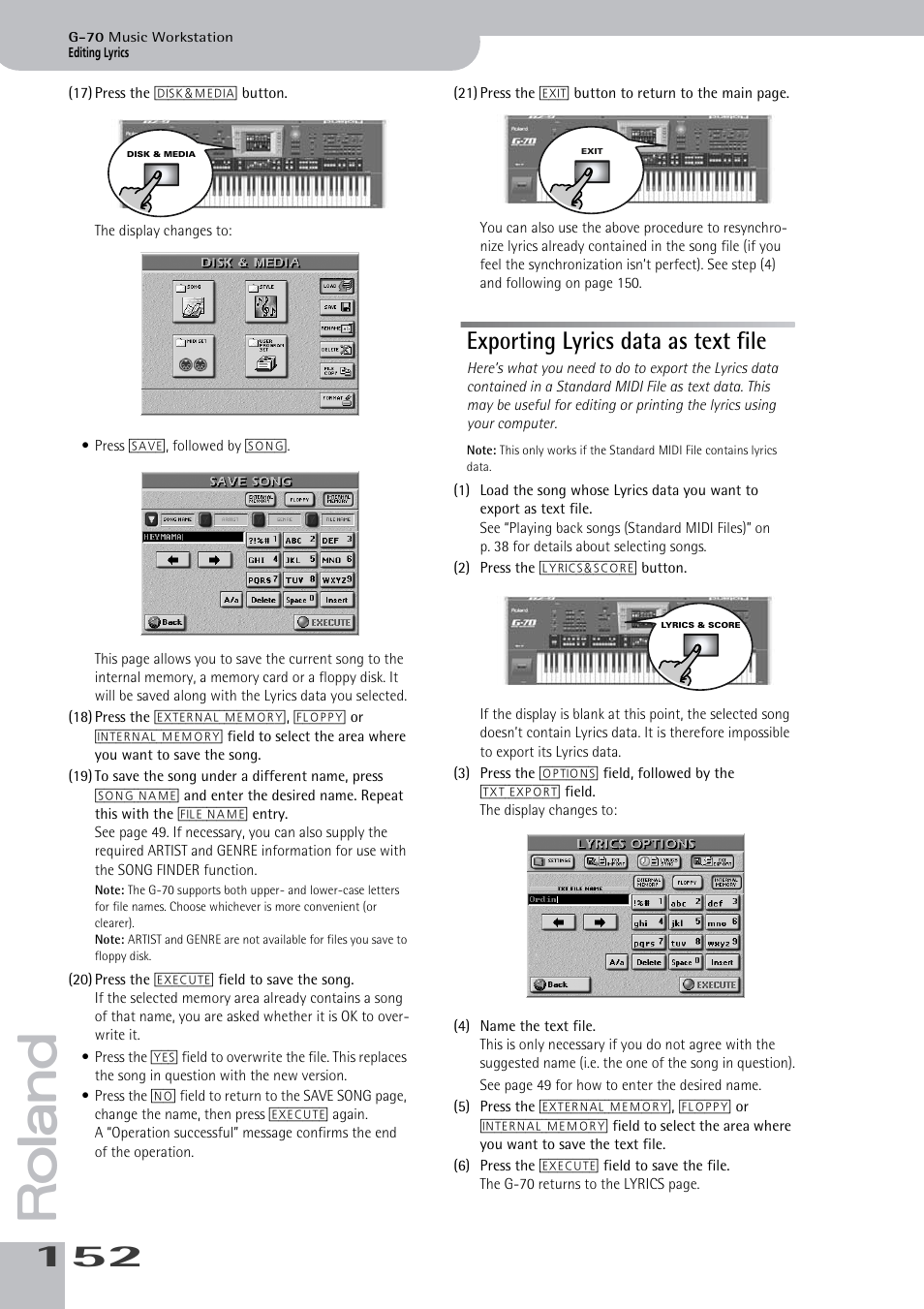 Exporting lyrics data as text file | Roland G-70 User Manual | Page 152 / 260