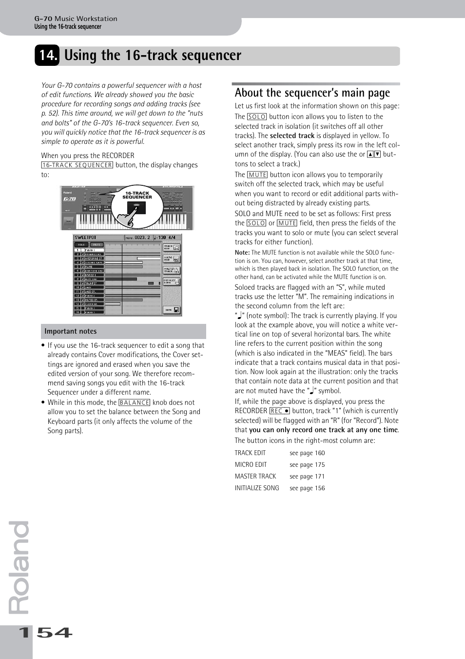 Using the 16-track sequencer, The 16-track sequencer mode (see p. 154), About the sequencer’s main page | Roland G-70 User Manual | Page 154 / 260