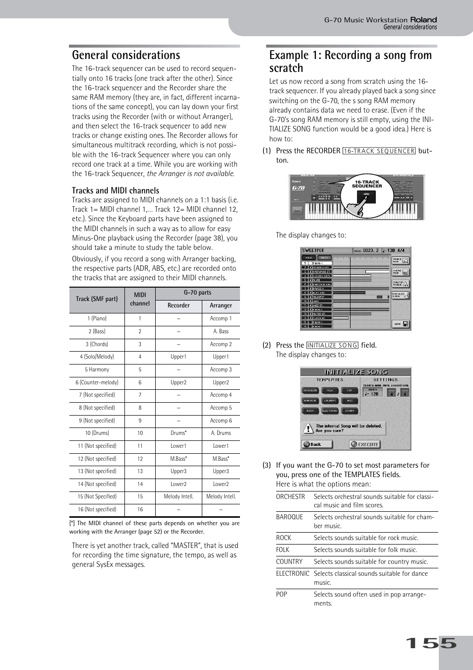 General considerations, Example 1: recording a song from scratch, Tracks and midi channels | Roland G-70 User Manual | Page 155 / 260