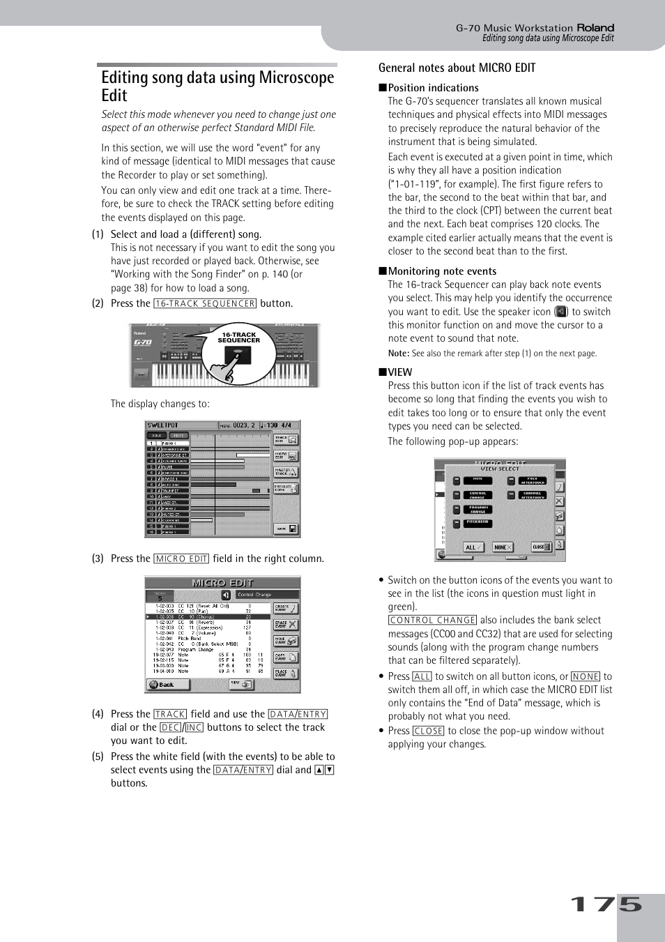 Editing song data using microscope edit, General notes about micro edit, Be copied | Fine-tuning the | Roland G-70 User Manual | Page 175 / 260