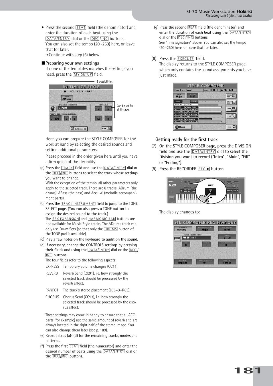 Getting ready for the first track, Preparing your own settings” below | Roland G-70 User Manual | Page 181 / 260