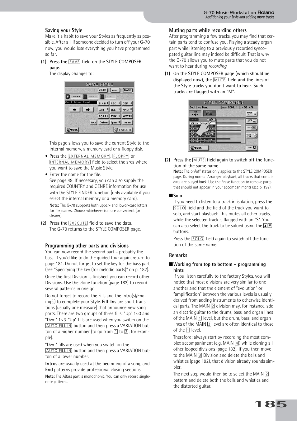 See “saving your style” on p. 185 | Roland G-70 User Manual | Page 185 / 260