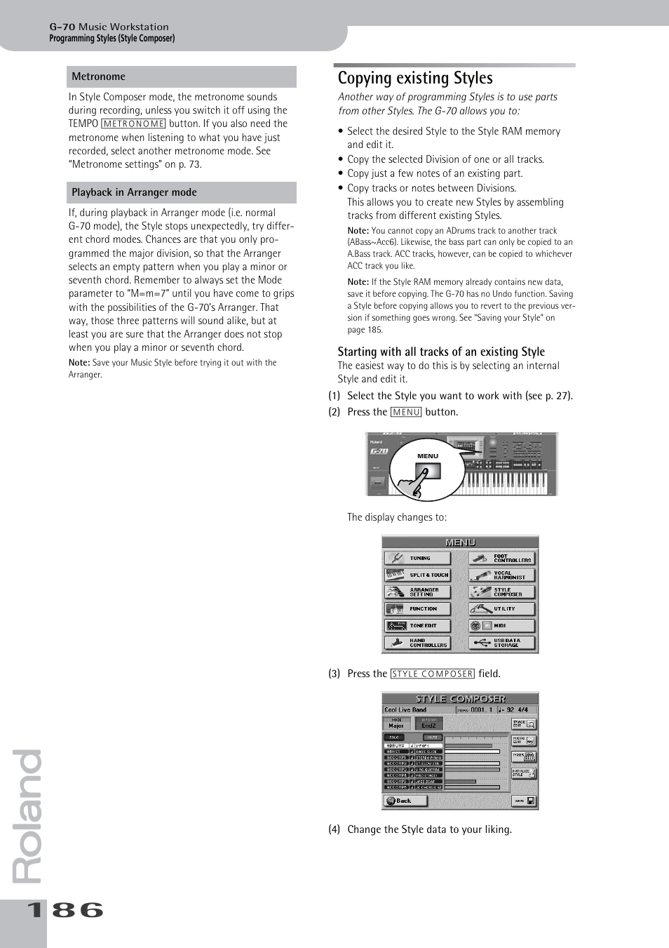 Copying existing styles, Starting with all tracks of an existing style | Roland G-70 User Manual | Page 186 / 260