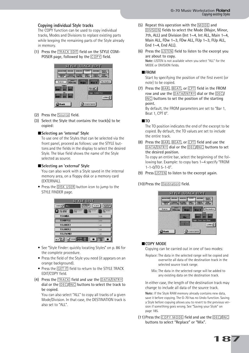 Copying individual style tracks | Roland G-70 User Manual | Page 187 / 260