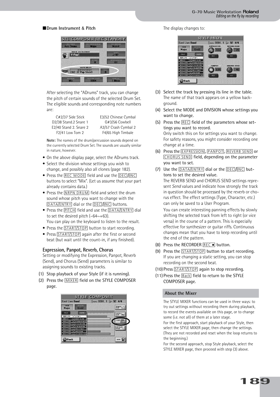 Expression, panpot, reverb, chorus, Can also change them later (see p. 189), See “drum instrument & pitch” for the additional | Roland G-70 User Manual | Page 189 / 260
