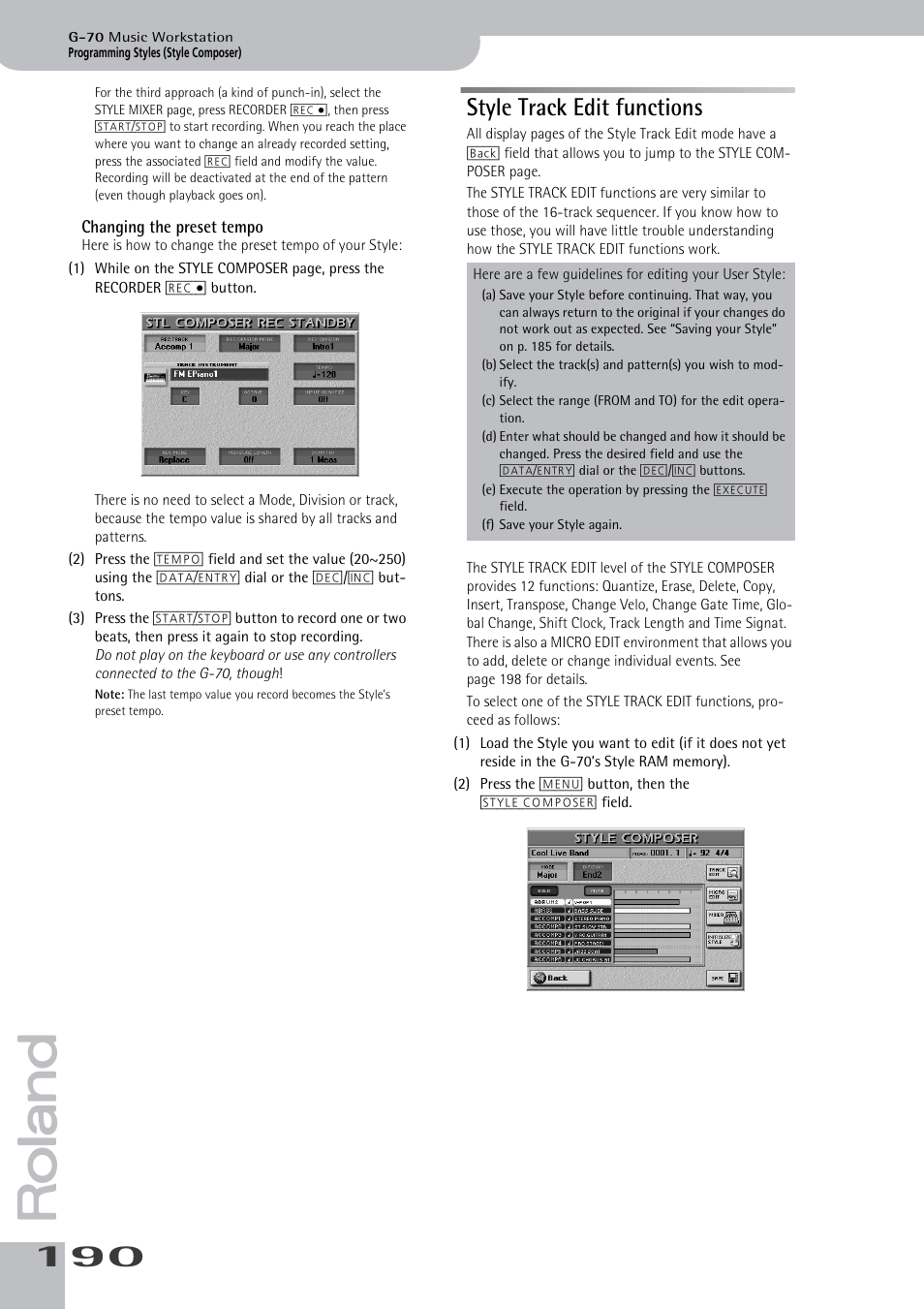 Style track edit functions, Changing the preset tempo | Roland G-70 User Manual | Page 190 / 260