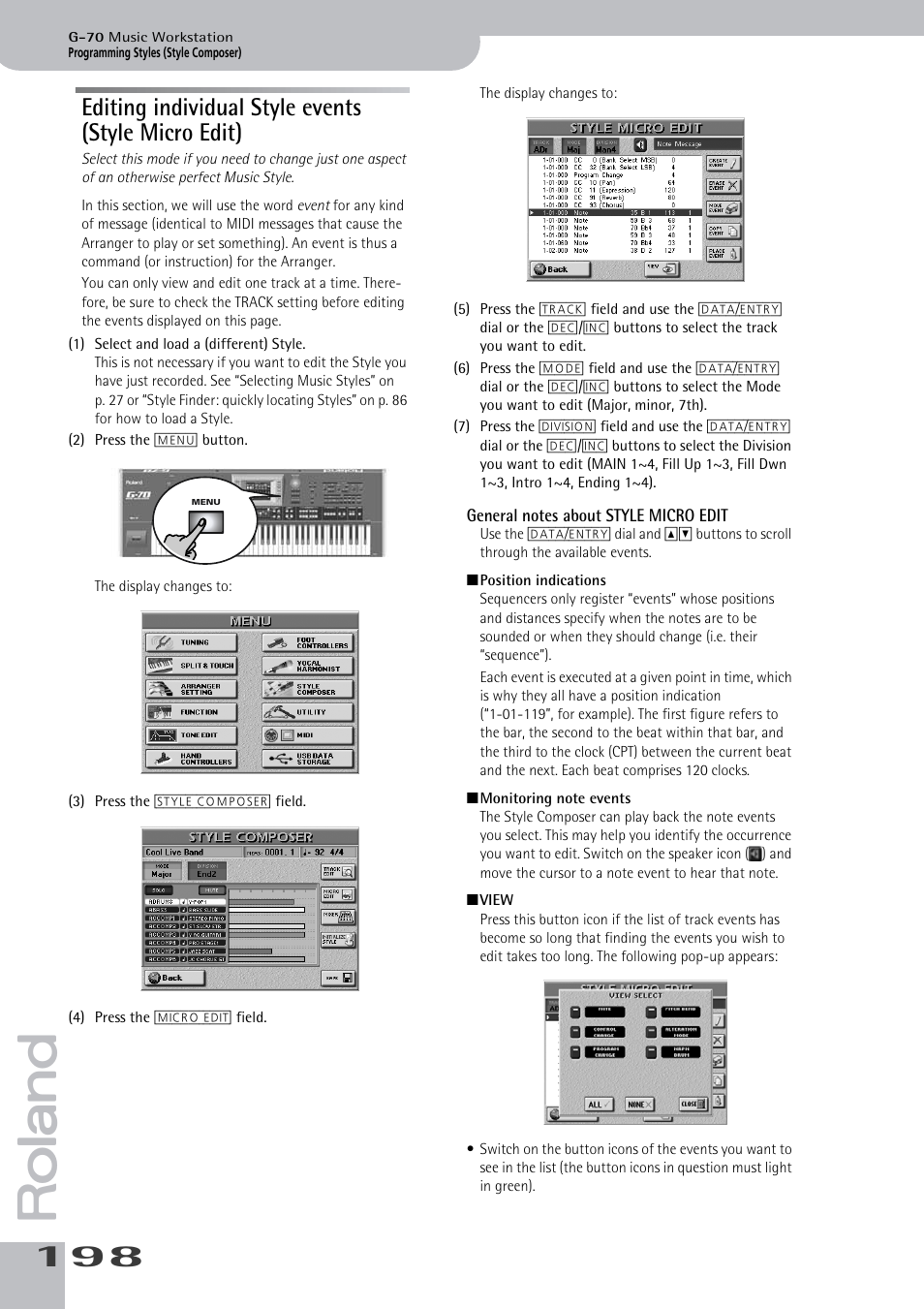 Editing individual style events (style micro edit), General notes about style micro edit | Roland G-70 User Manual | Page 198 / 260