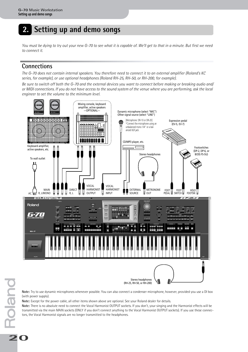 Setting up and demo songs, Connections | Roland G-70 User Manual | Page 20 / 260